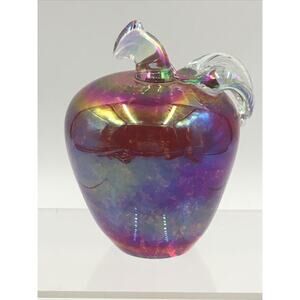 Vintage Signed Roger Vines Art Glass Apple w Stem & Leaf Paperweight Iridescent